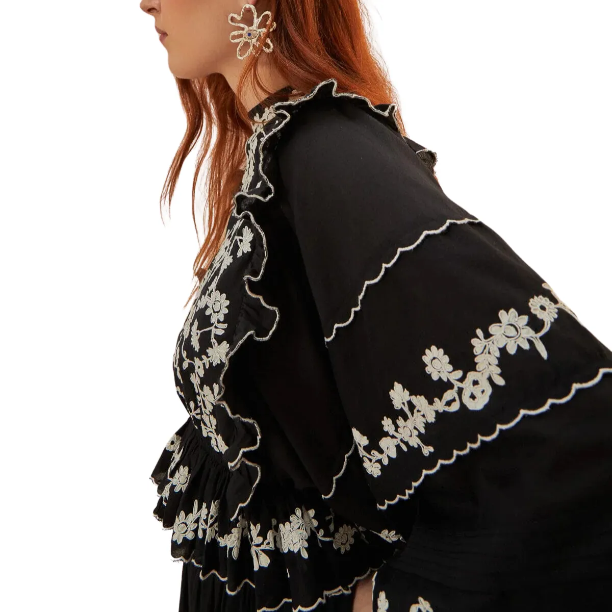 Embroidered Ruffle Long Sleeve Black