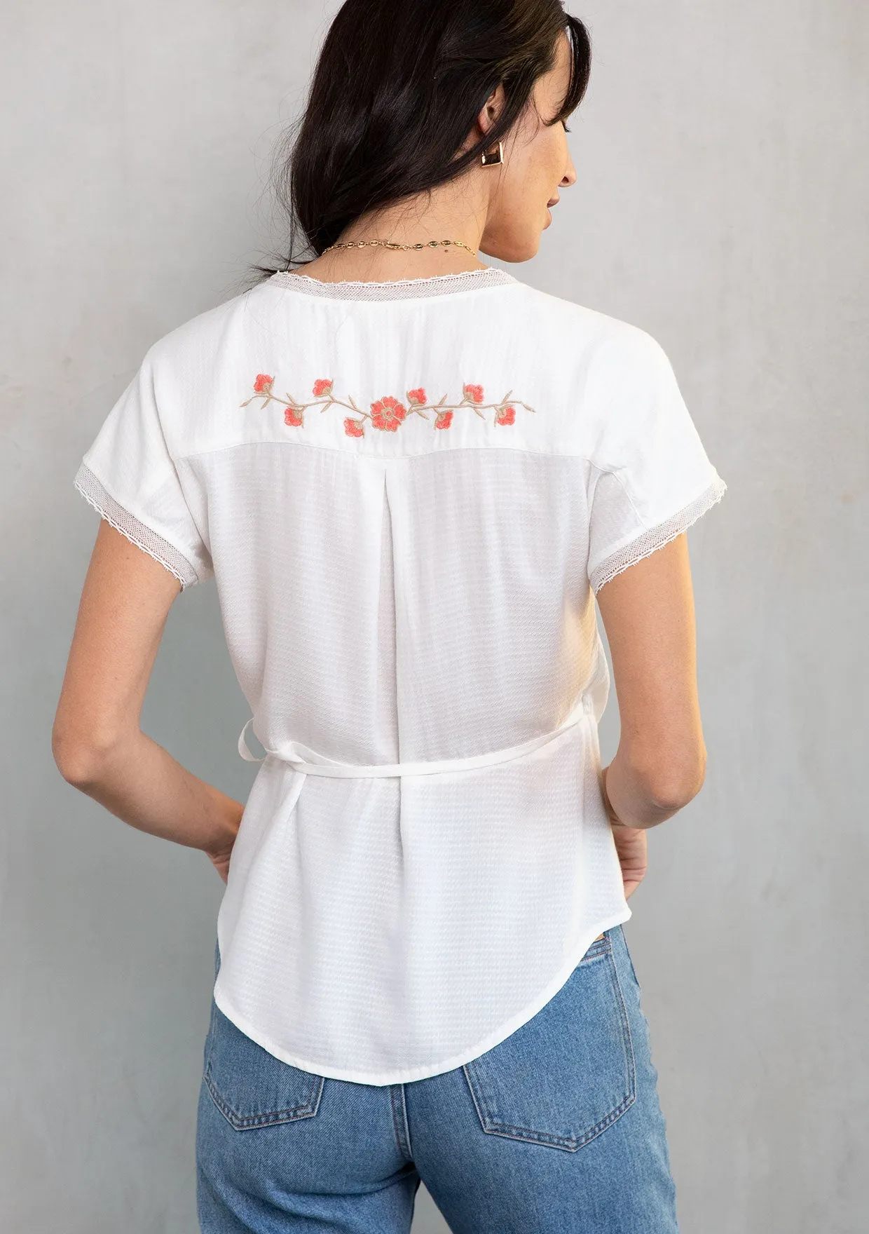 Embroidered Short Sleeve Wrap Front Top