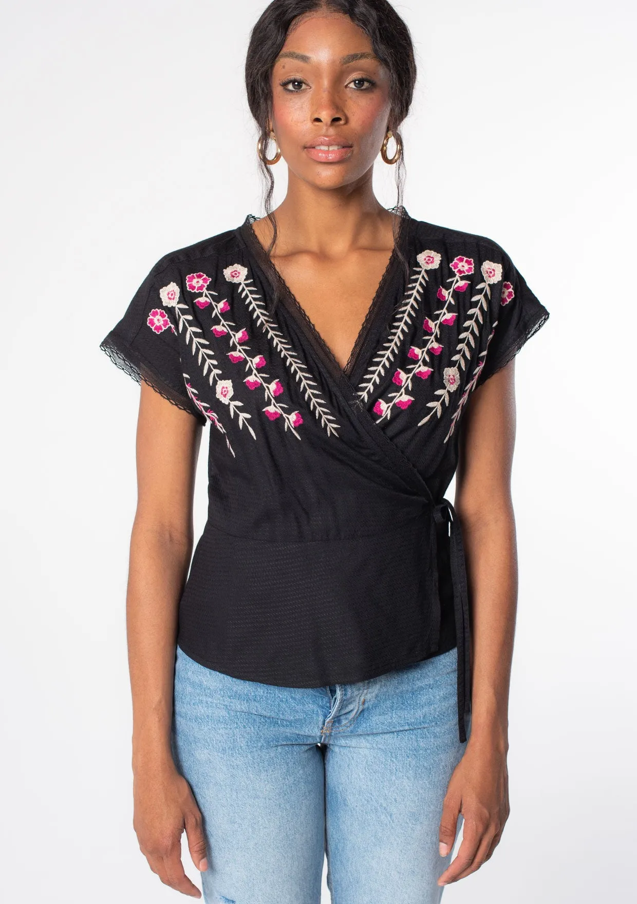 Embroidered Short Sleeve Wrap Front Top
