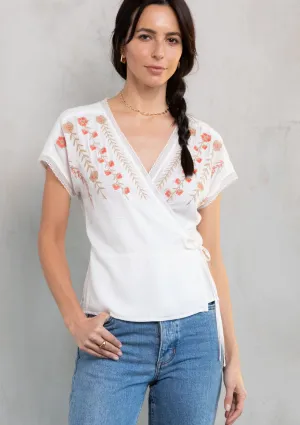 Embroidered Short Sleeve Wrap Front Top