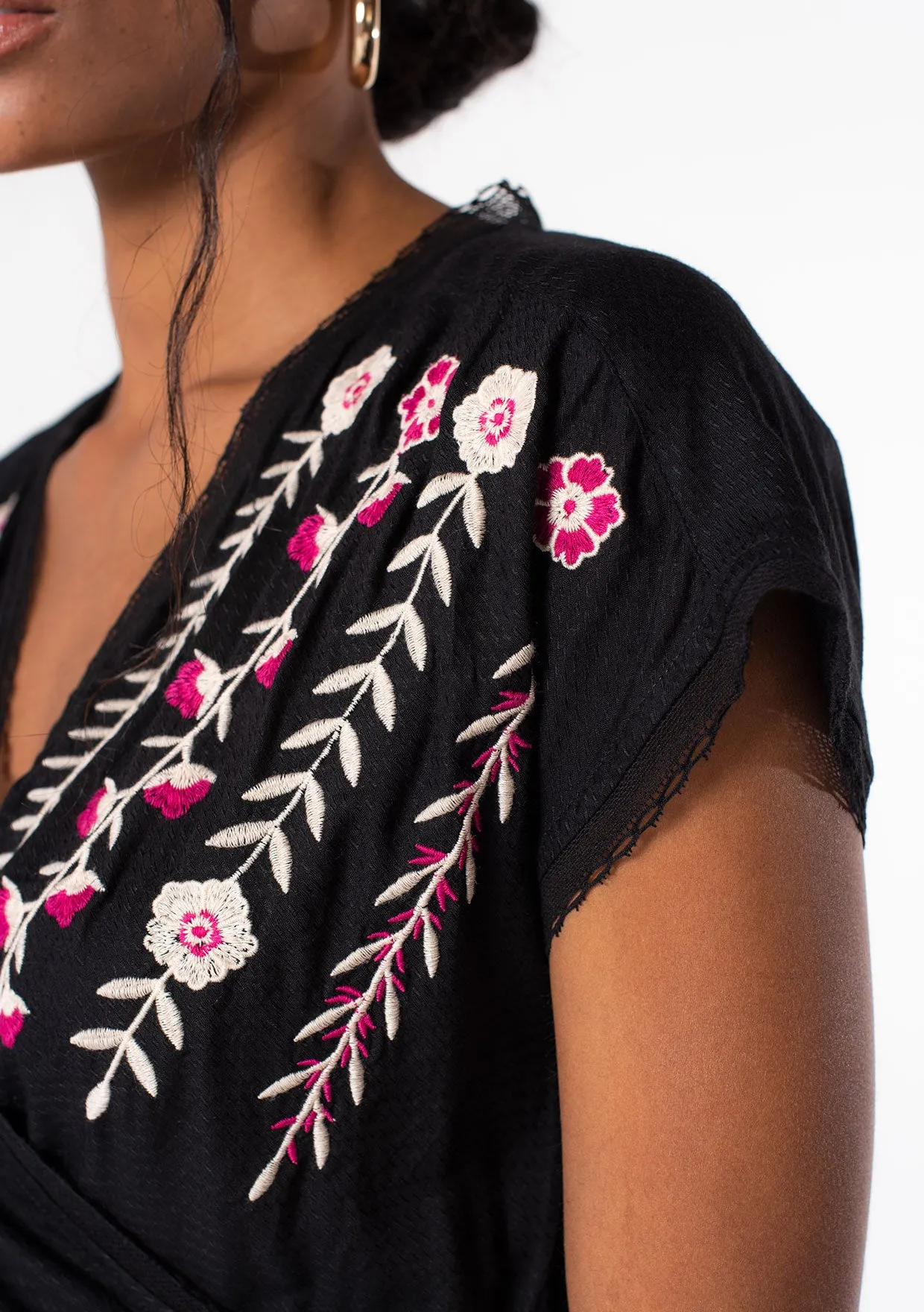 Embroidered Short Sleeve Wrap Front Top