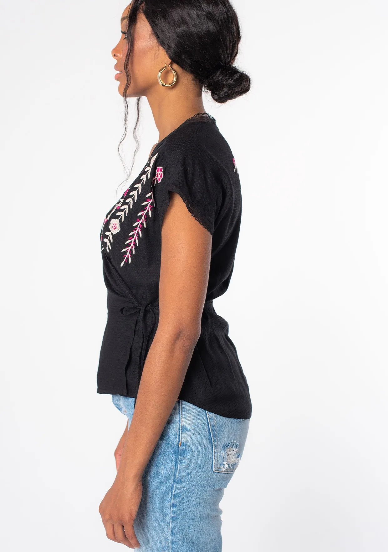 Embroidered Short Sleeve Wrap Front Top