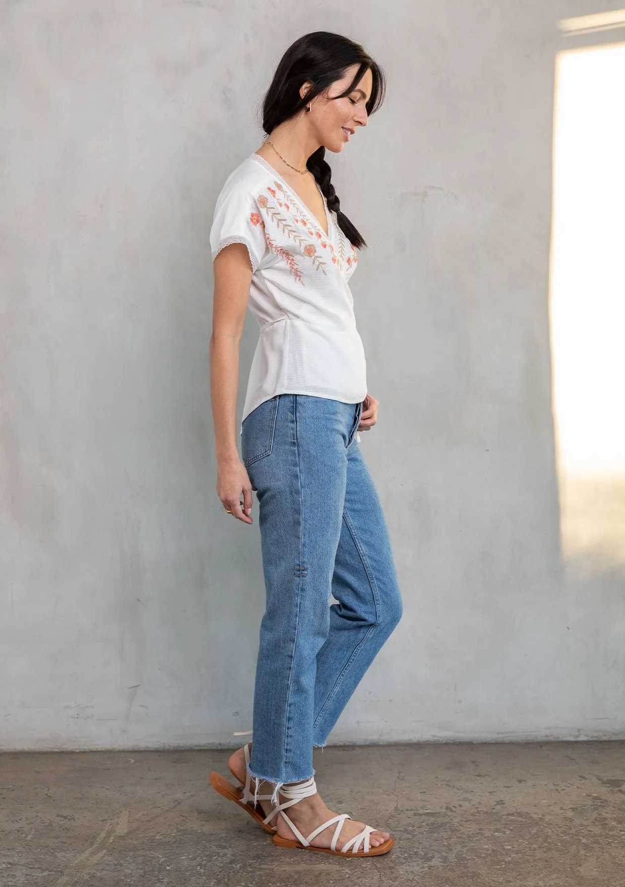 Embroidered Short Sleeve Wrap Front Top