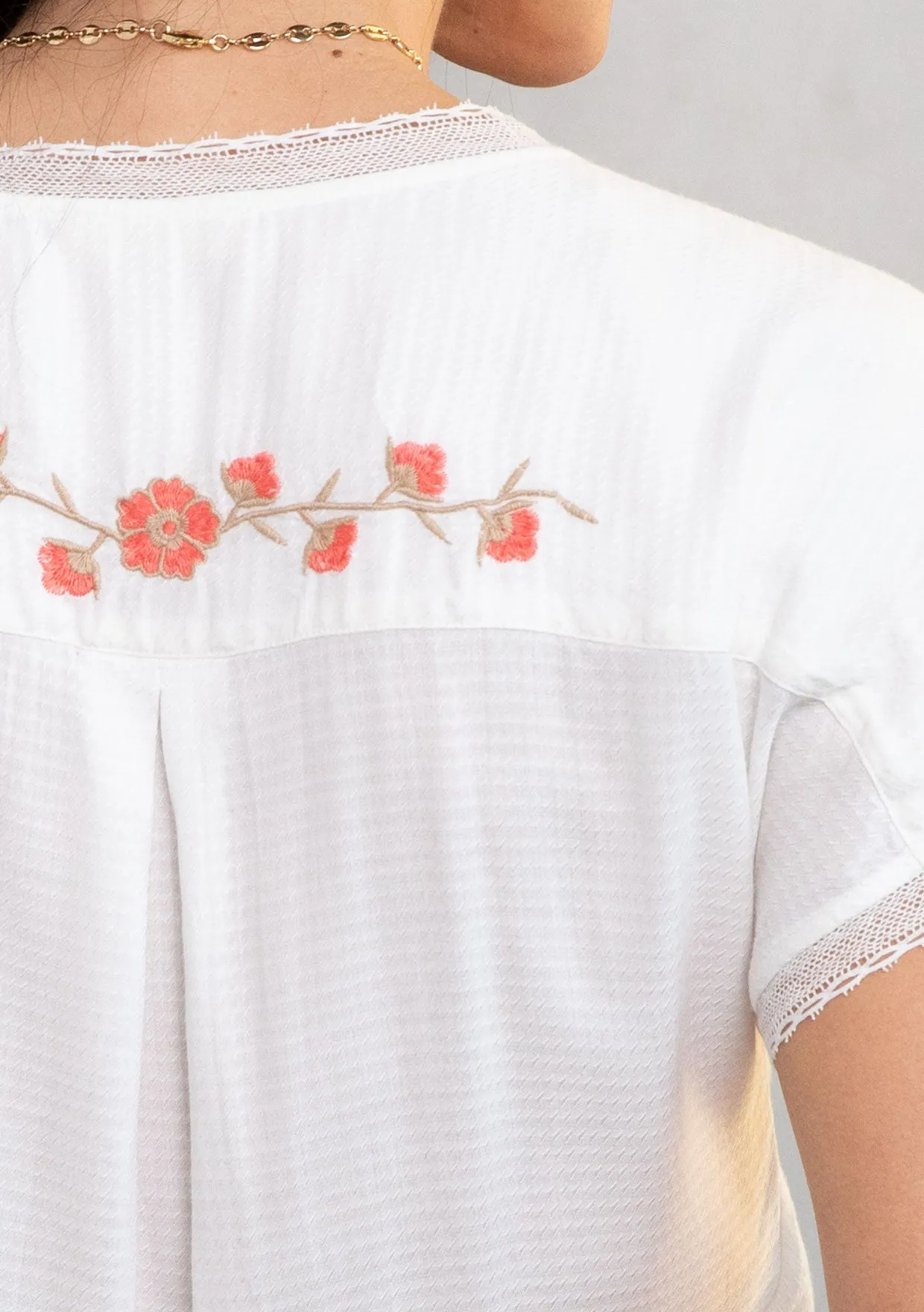 Embroidered Short Sleeve Wrap Front Top
