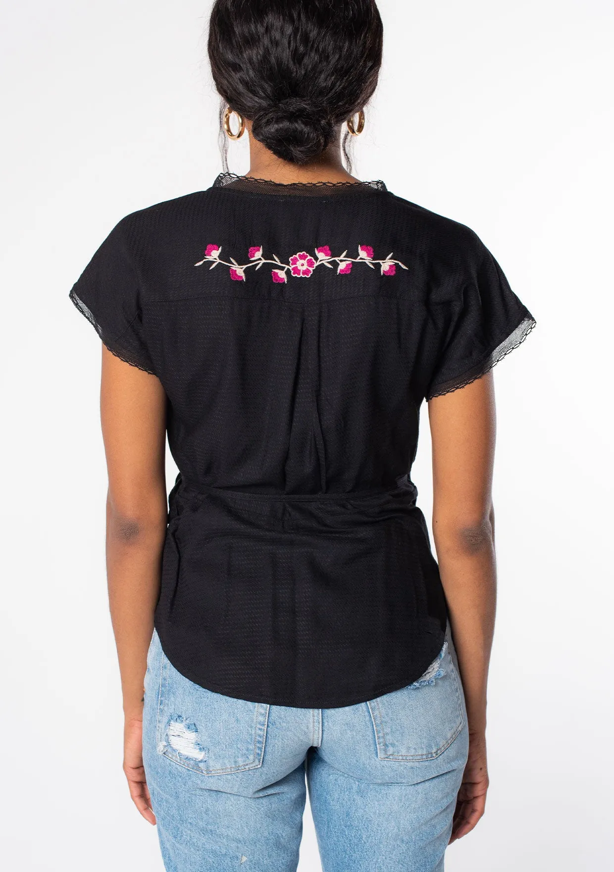 Embroidered Short Sleeve Wrap Front Top