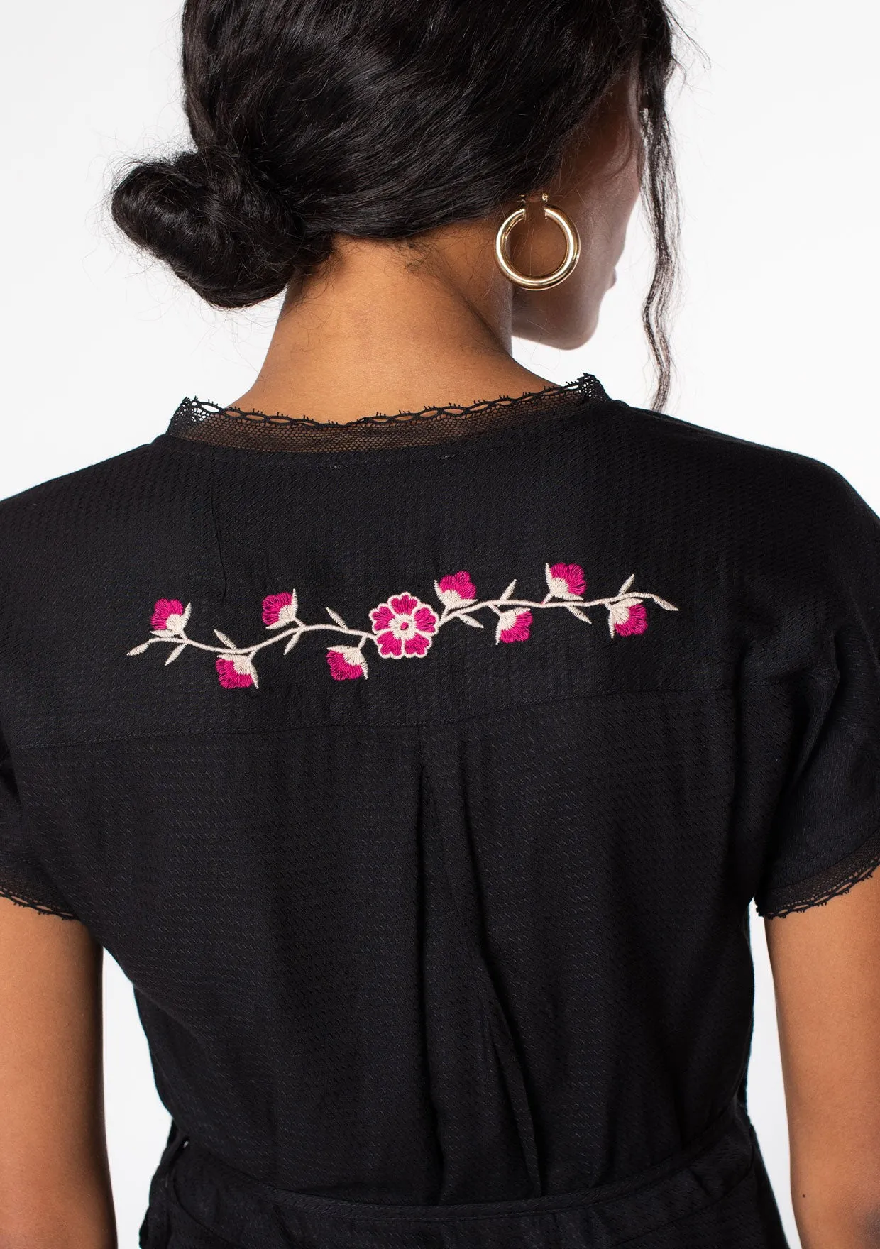 Embroidered Short Sleeve Wrap Front Top