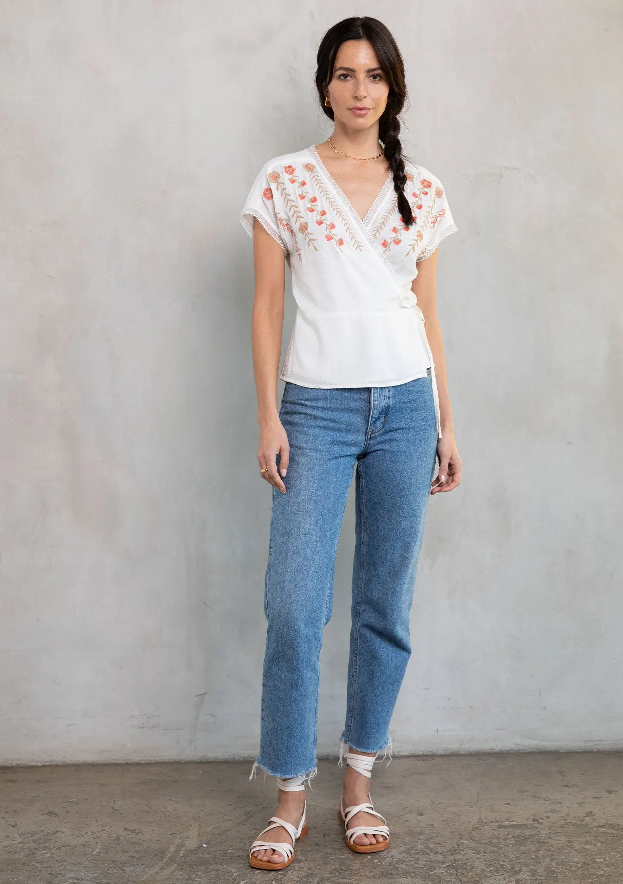 Embroidered Short Sleeve Wrap Front Top