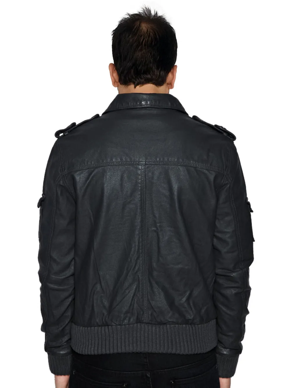 Epaulette Accented Leather Bomber for Men