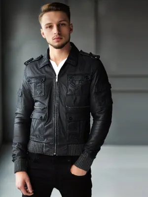 Epaulette Accented Leather Bomber for Men