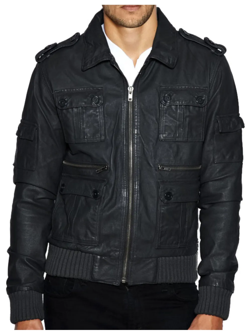 Epaulette Accented Leather Bomber for Men