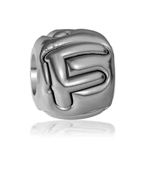 F - Bead, Single Alphabet Initial Letter for Name Bracelet, Capital, Uppercase F Charm Bracelet Bead, Embossed, Complete Alphabet and Numbers Available, Solid Sterling Silver