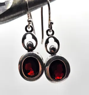 Faceted Garnet red gemstone tribal Bali pebble sterling silver drop earrings