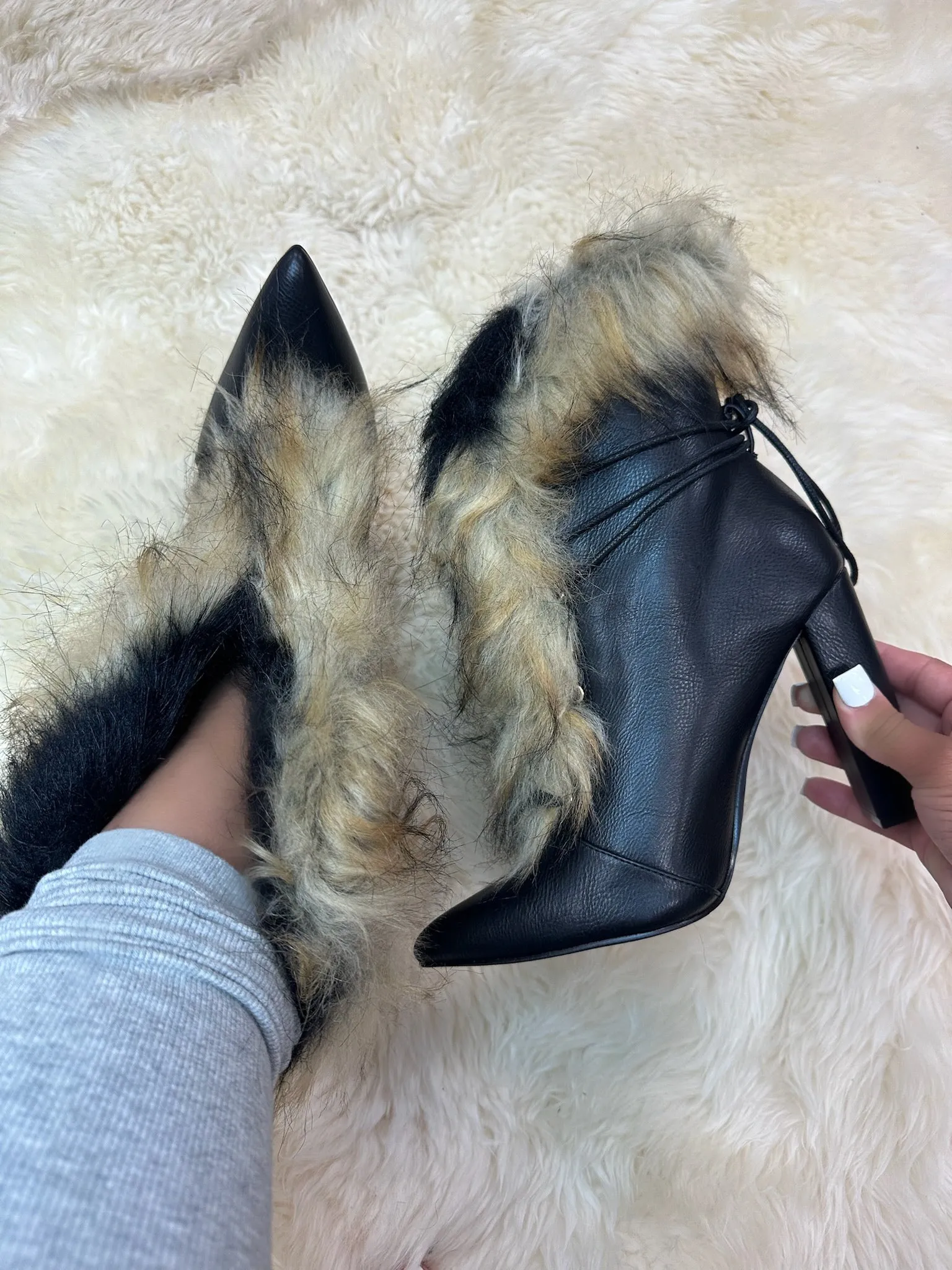 FANCY-2 Black Faux Leather and Faux Fur Bootie - Pointy Toe