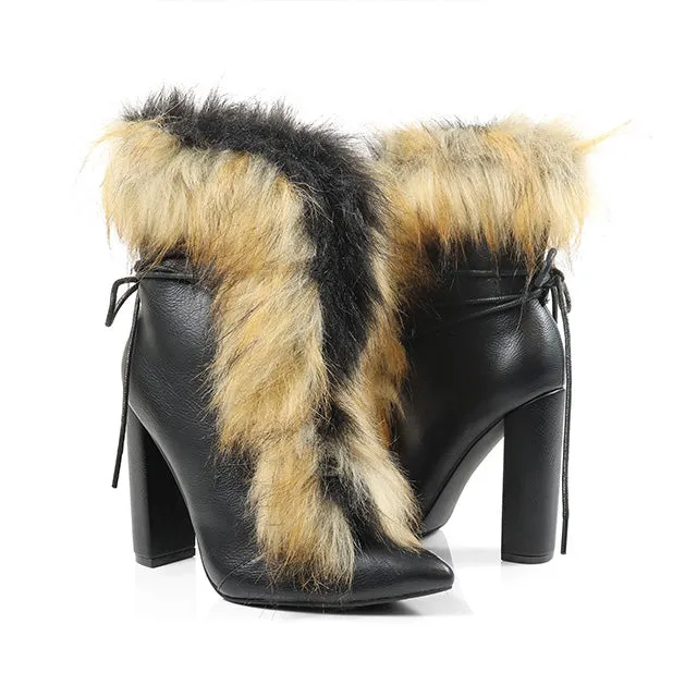 FANCY-2 Black Faux Leather and Faux Fur Bootie - Pointy Toe