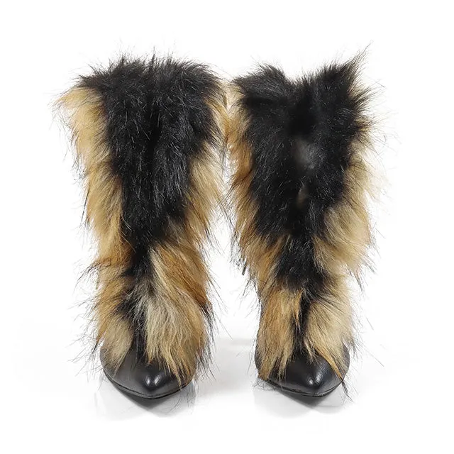 FANCY-2 Black Faux Leather and Faux Fur Bootie - Pointy Toe