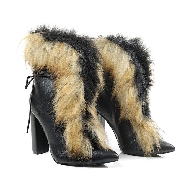 FANCY-2 Black Faux Leather and Faux Fur Bootie - Pointy Toe