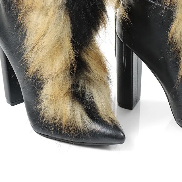 FANCY-2 Black Faux Leather and Faux Fur Bootie - Pointy Toe