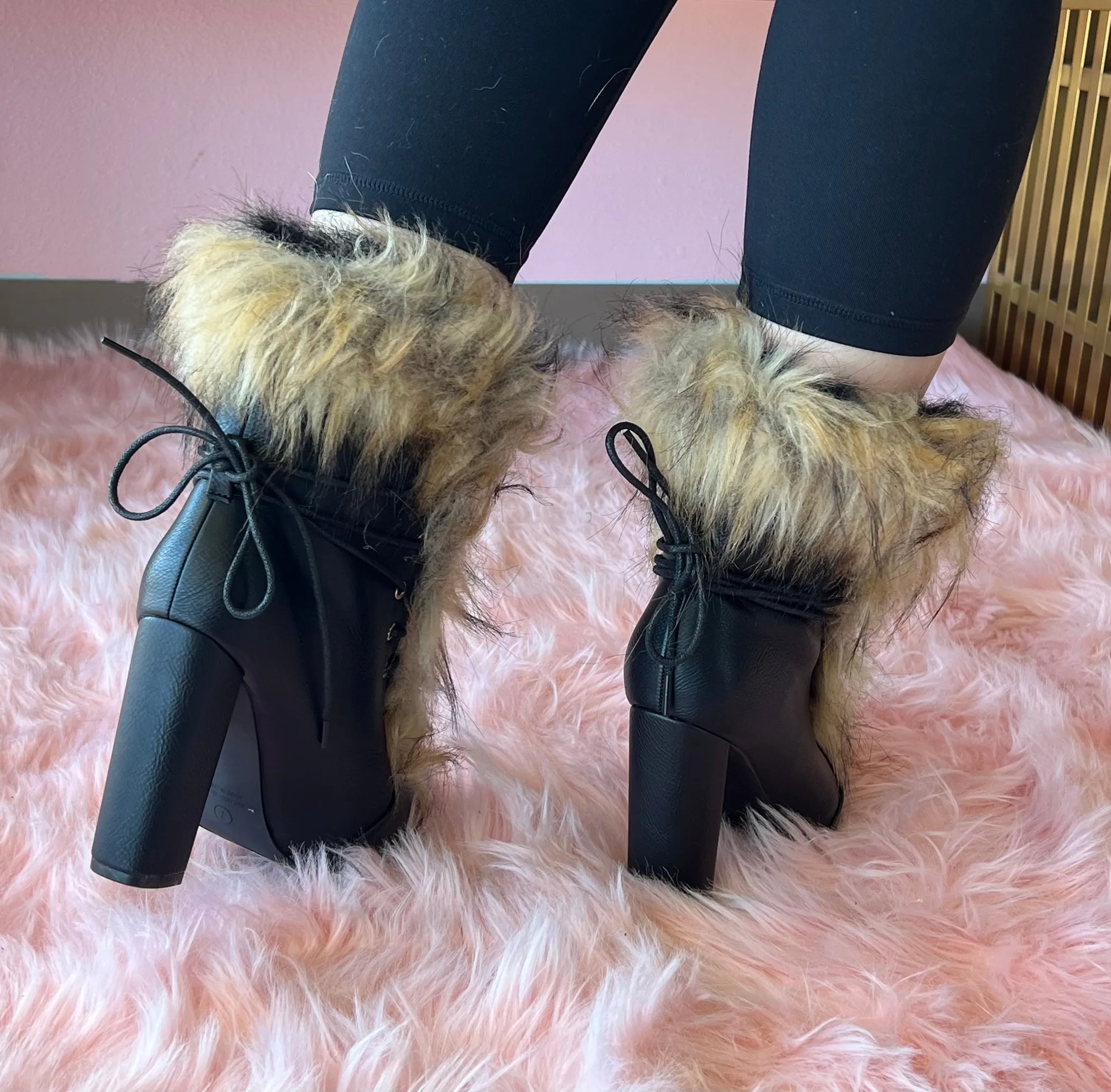 FANCY-2 Black Faux Leather and Faux Fur Bootie - Pointy Toe