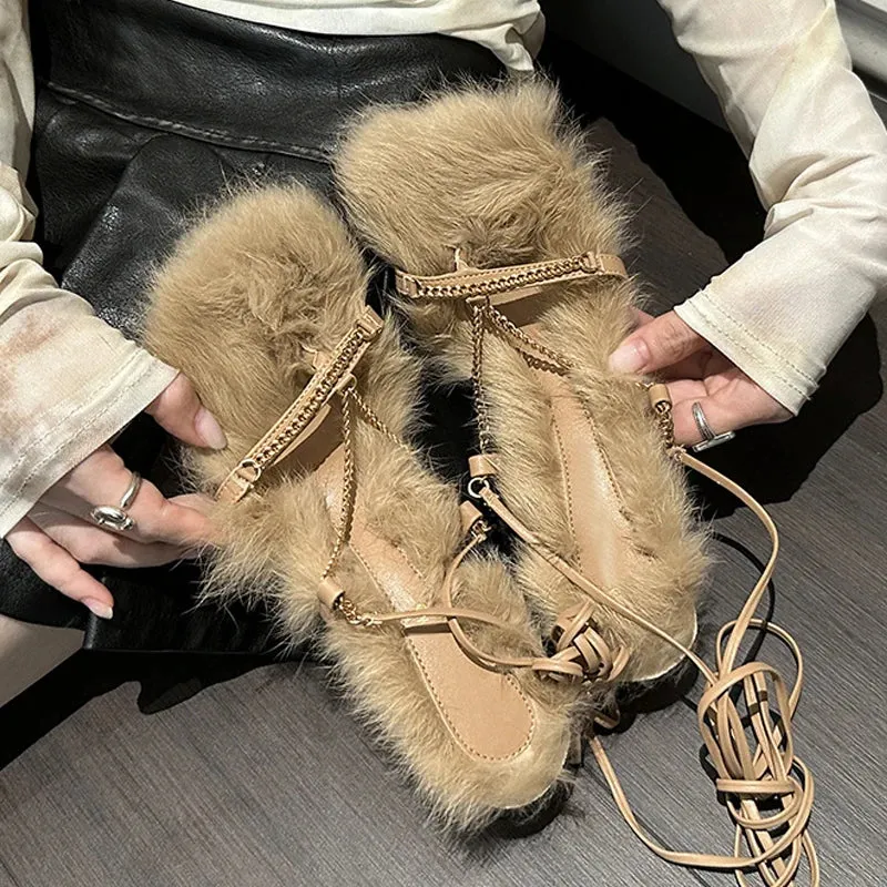 Fashion Pink Short Plush Square Toe Sandals Women