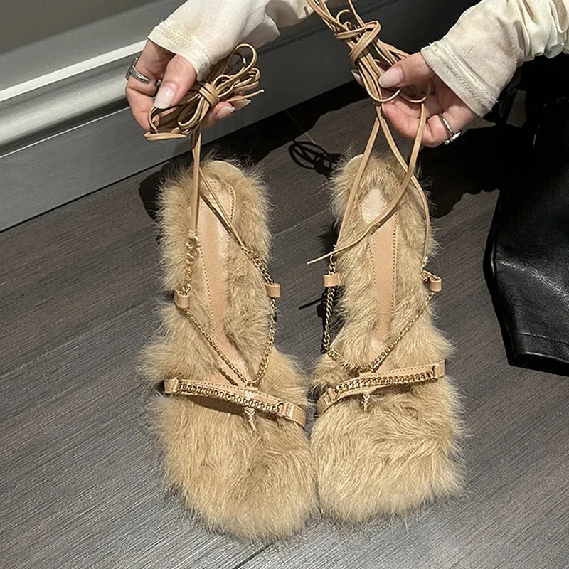 Fashion Pink Short Plush Square Toe Sandals Women