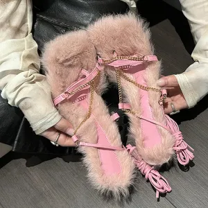 Fashion Pink Short Plush Square Toe Sandals Women
