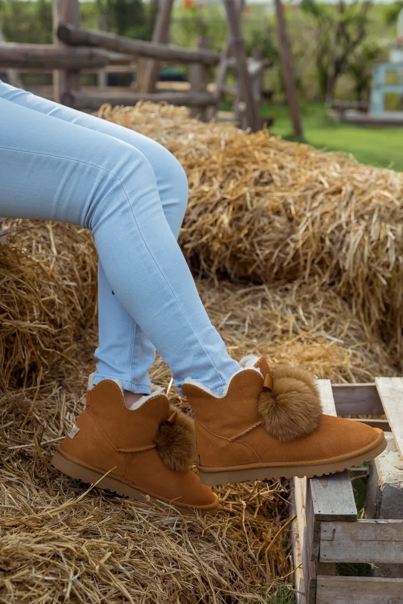 Faux Fur Balls Suede Boot â€?Chestnut