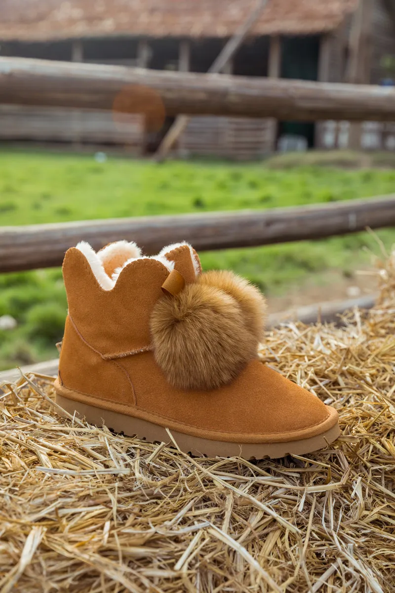 Faux Fur Balls Suede Boot â€?Chestnut
