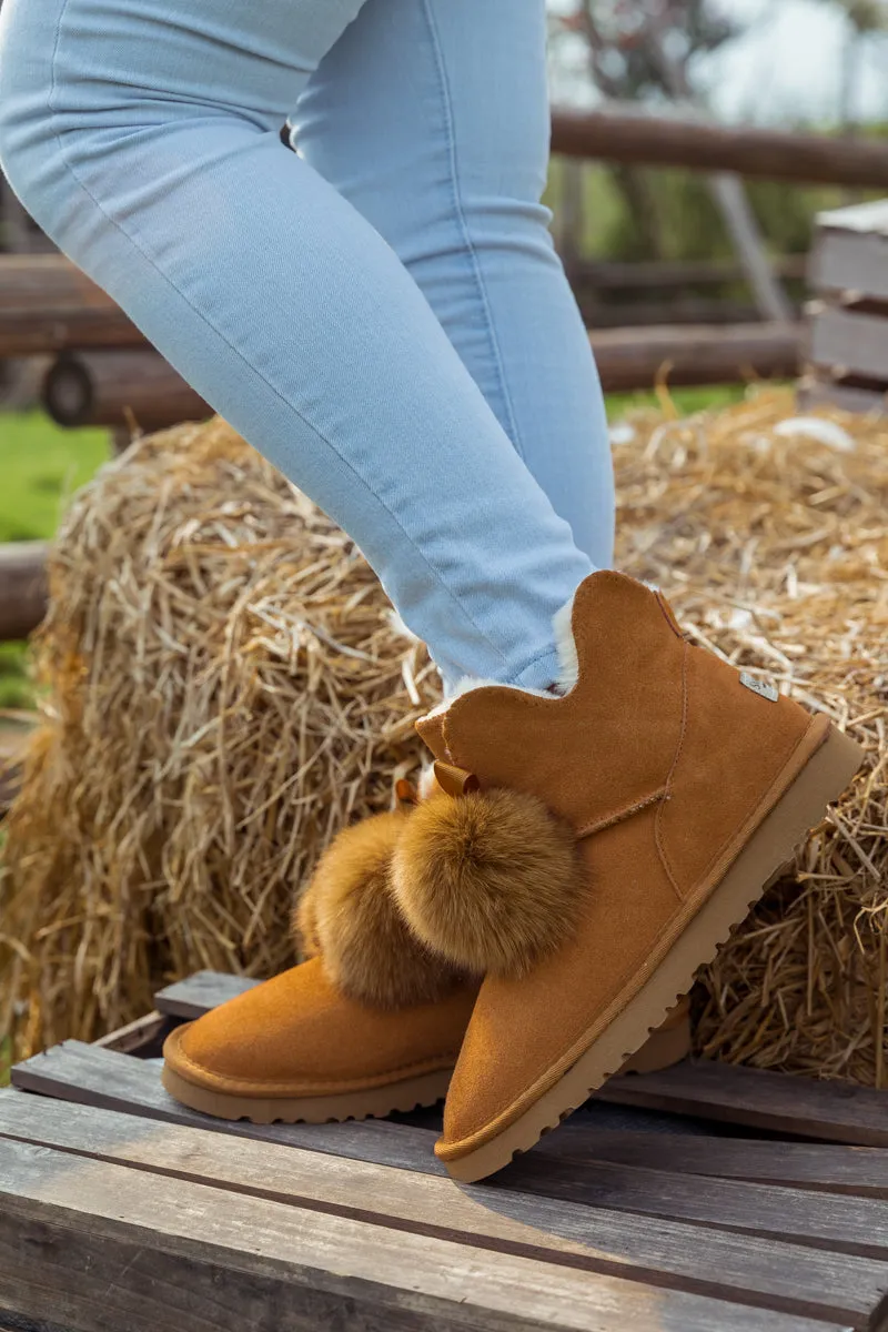 Faux Fur Balls Suede Boot â€?Chestnut