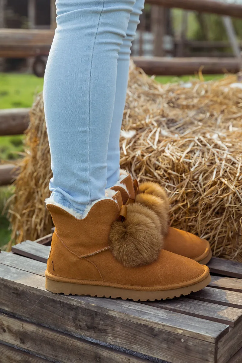 Faux Fur Balls Suede Boot â€?Chestnut