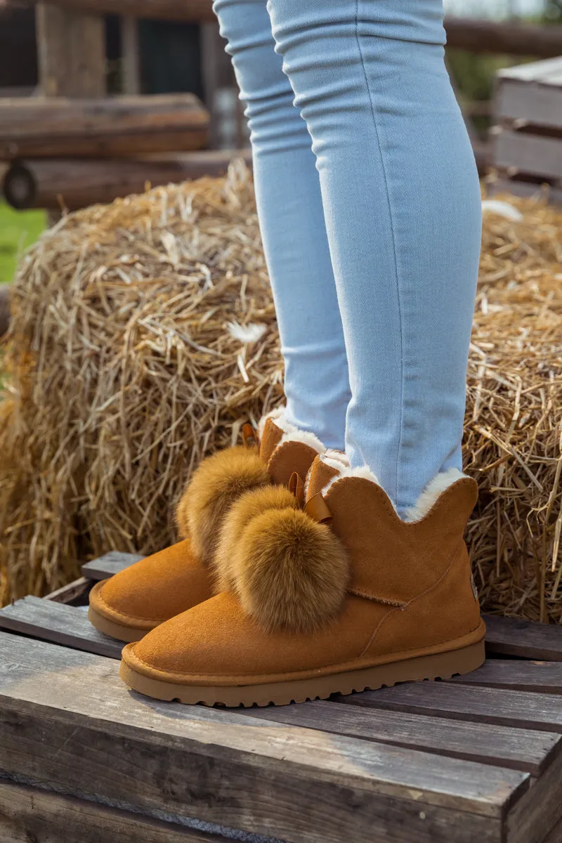 Faux Fur Balls Suede Boot â€?Chestnut