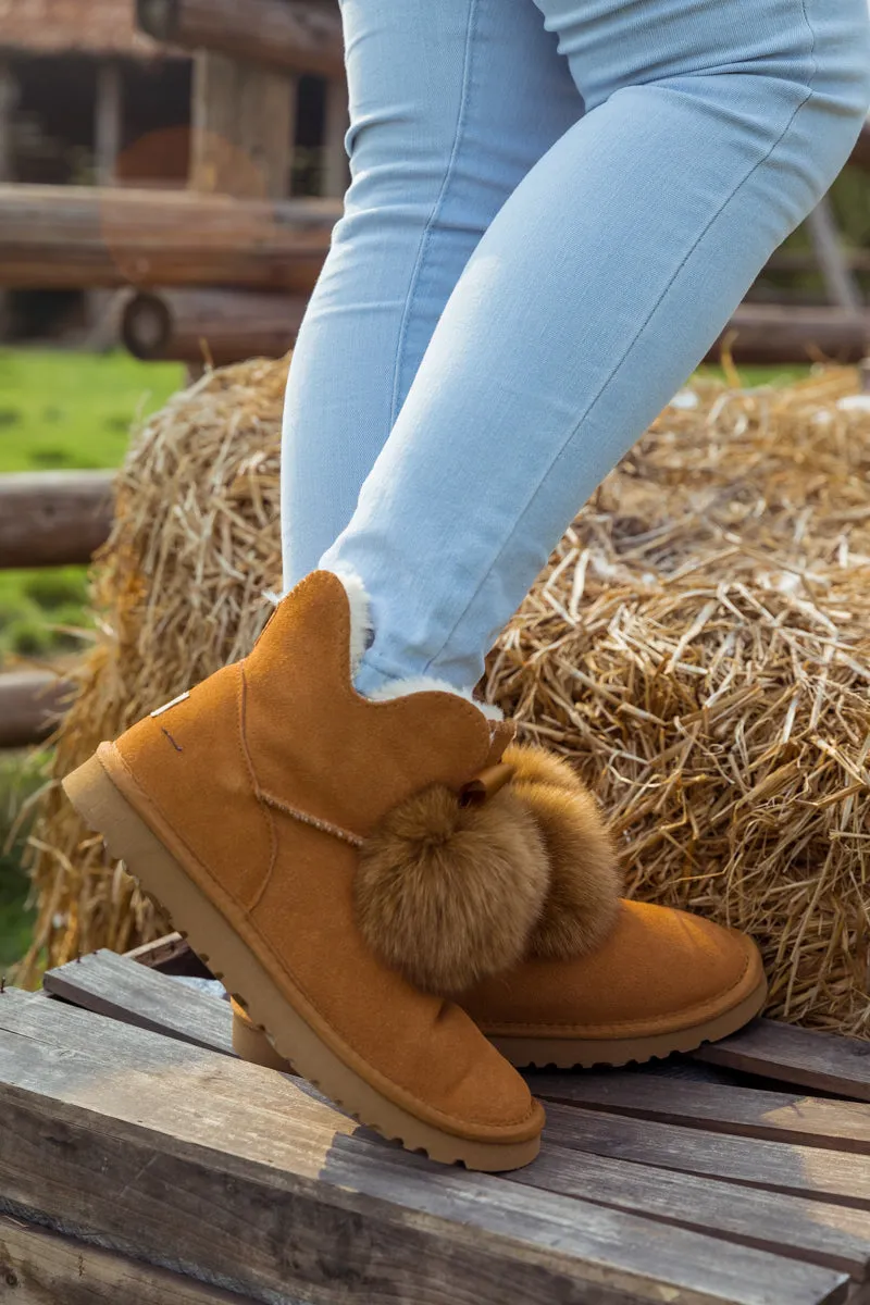 Faux Fur Balls Suede Boot â€?Chestnut