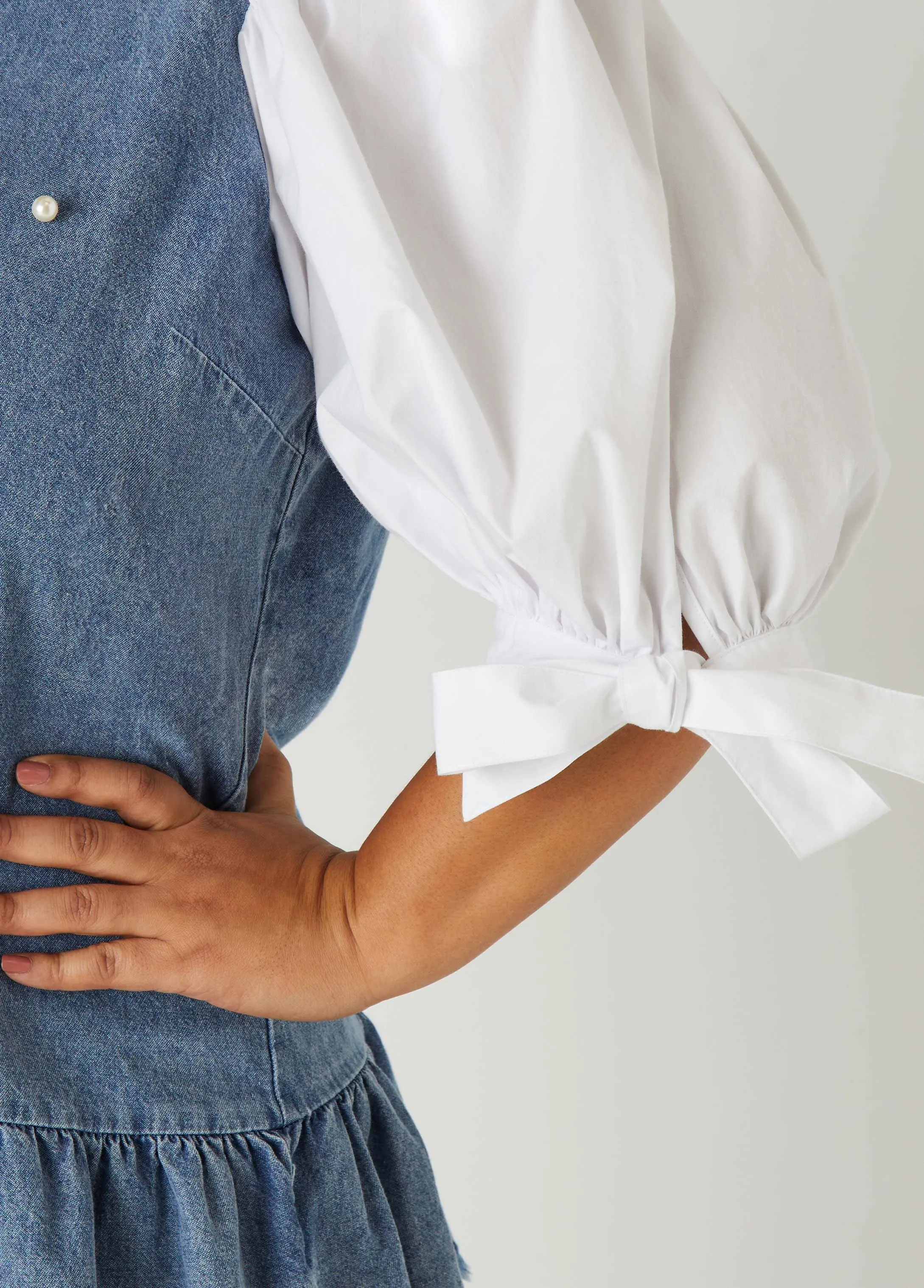 Faux Pearl Poplin And Denim Top