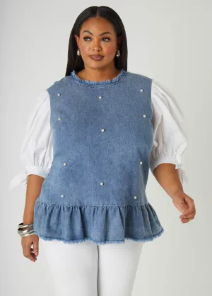 Faux Pearl Poplin And Denim Top