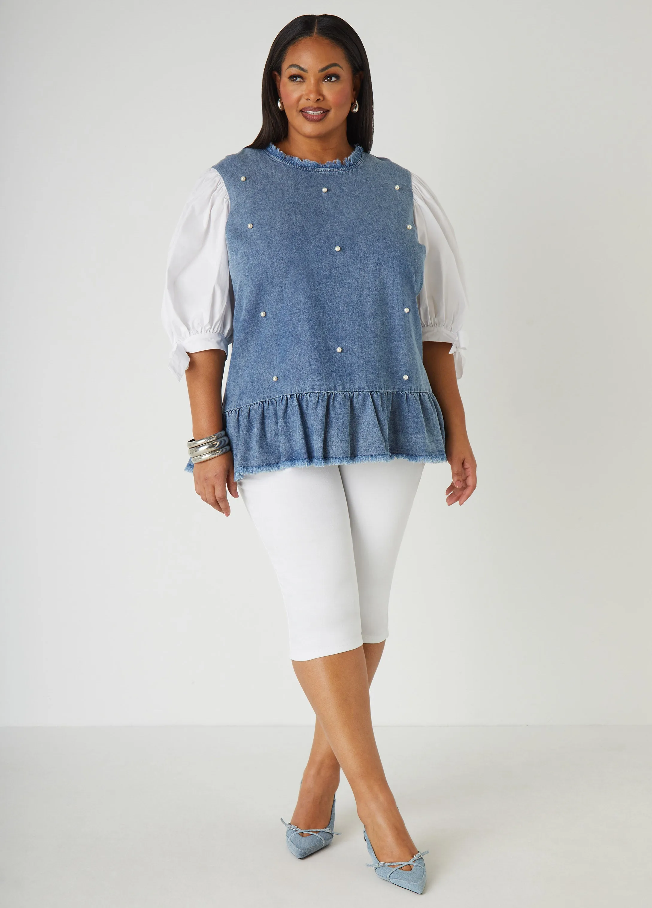 Faux Pearl Poplin And Denim Top