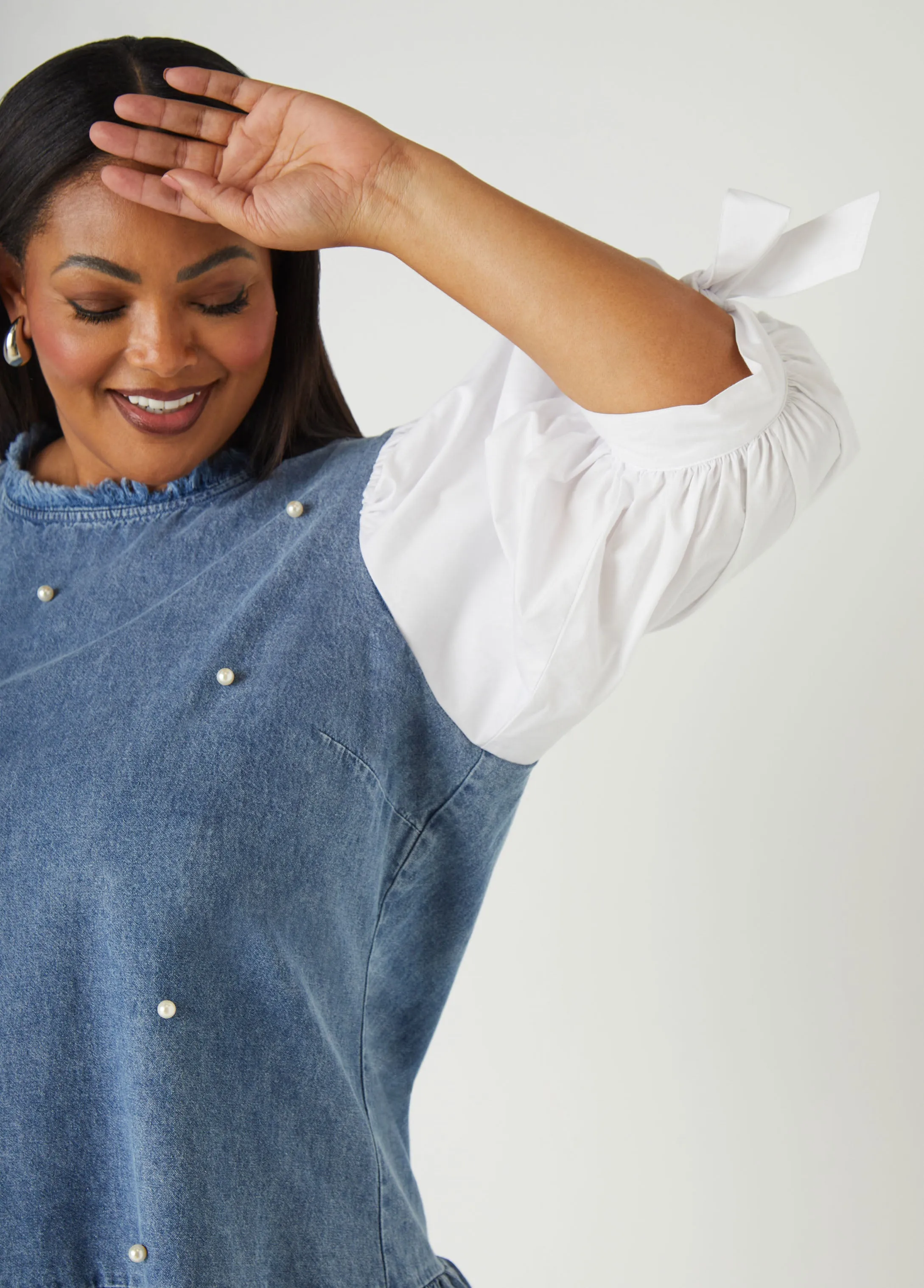Faux Pearl Poplin And Denim Top
