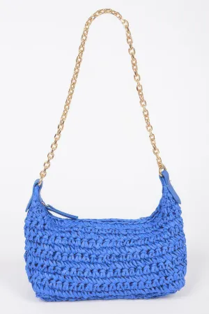 Faux Straw Zip Chain Shoulder Clutch