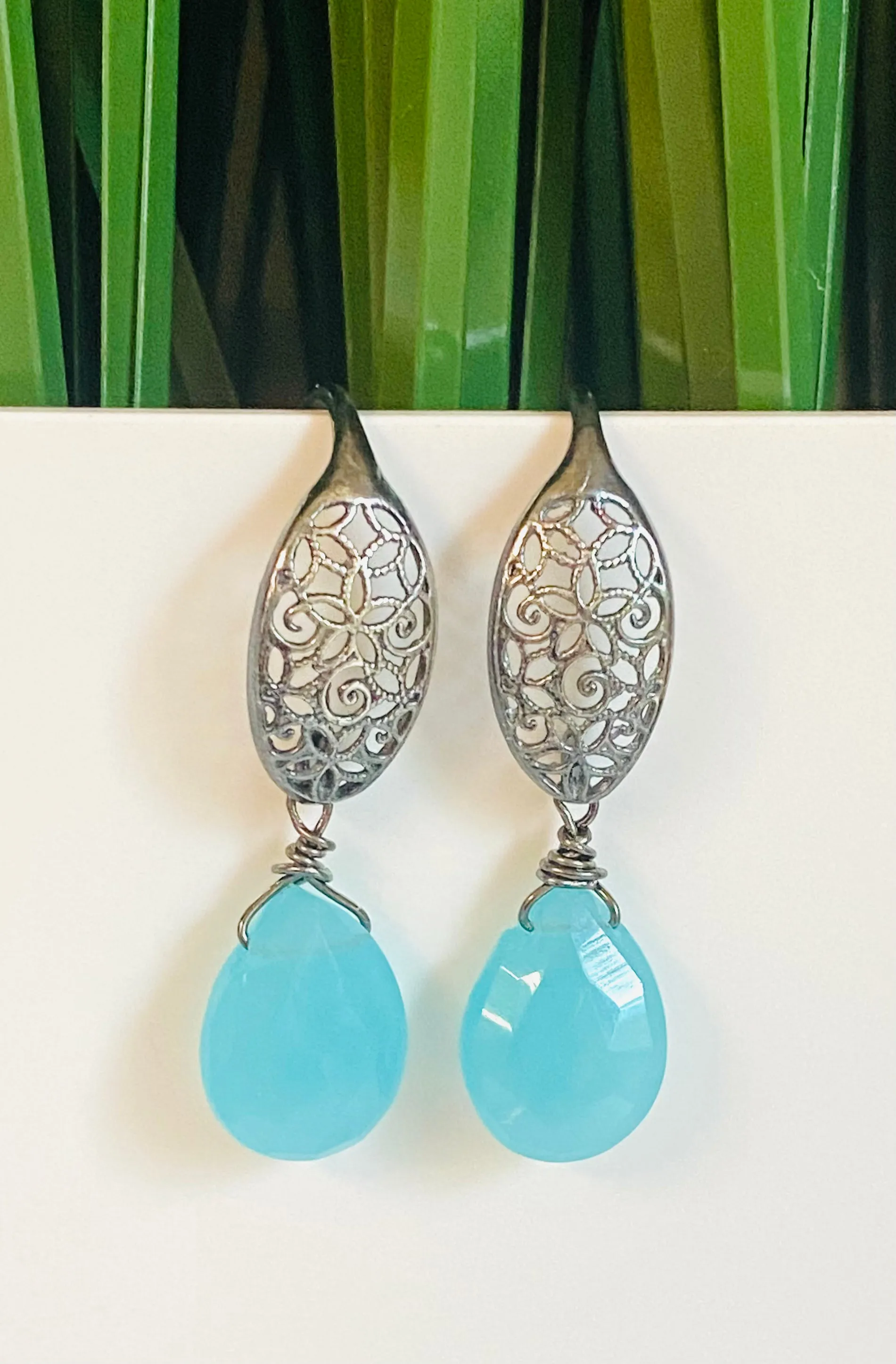 Filigree Chalcedony Earrings, Ocean Blue Gemstone Earrings