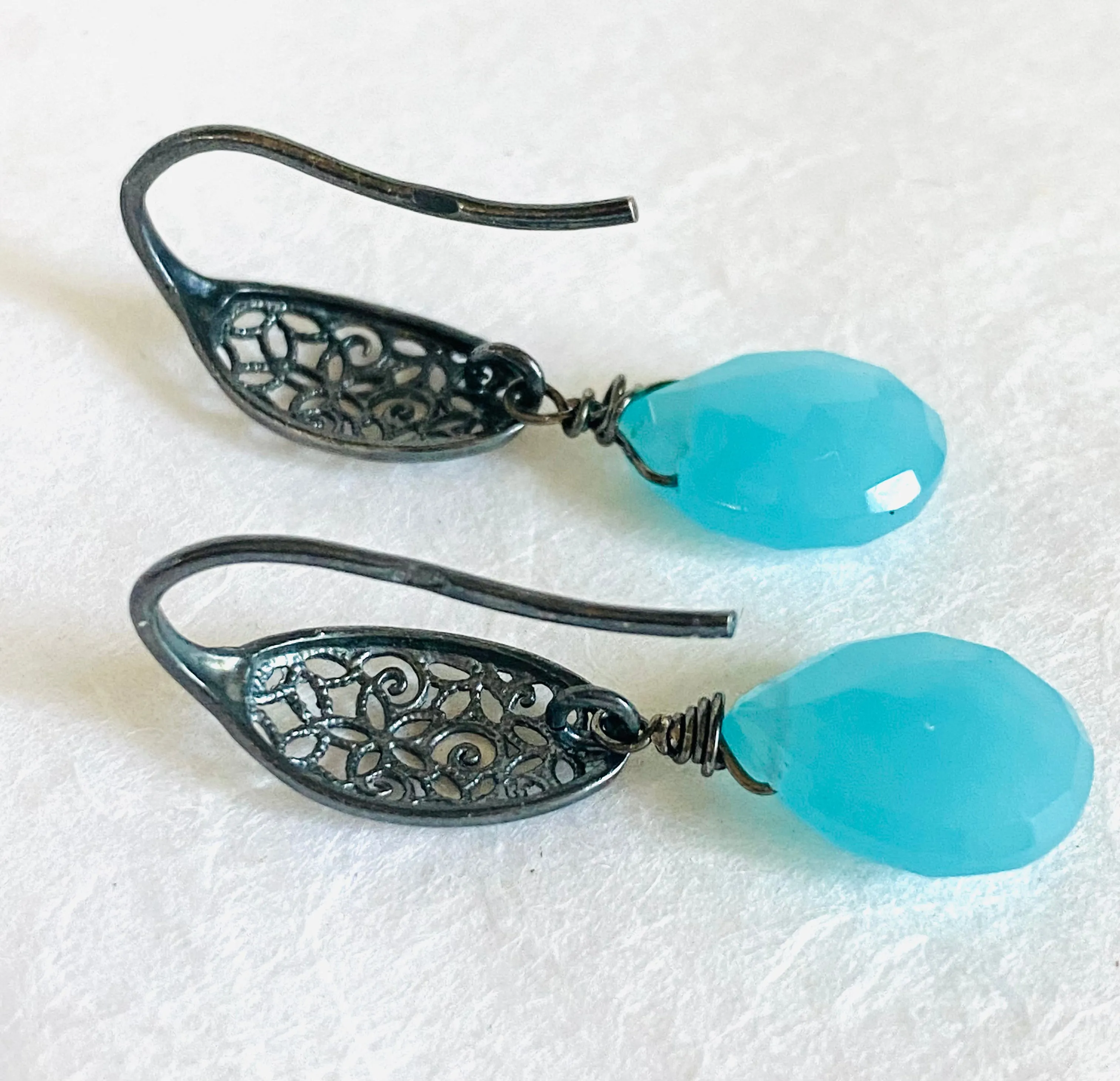 Filigree Chalcedony Earrings, Ocean Blue Gemstone Earrings