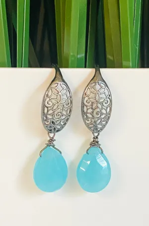 Filigree Chalcedony Earrings, Ocean Blue Gemstone Earrings