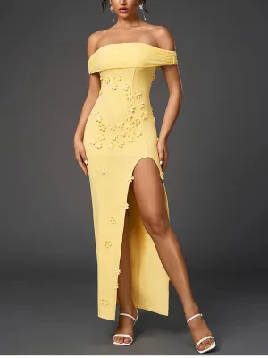 Floral Applique Mesh Off Shoulder Side Slit Dress