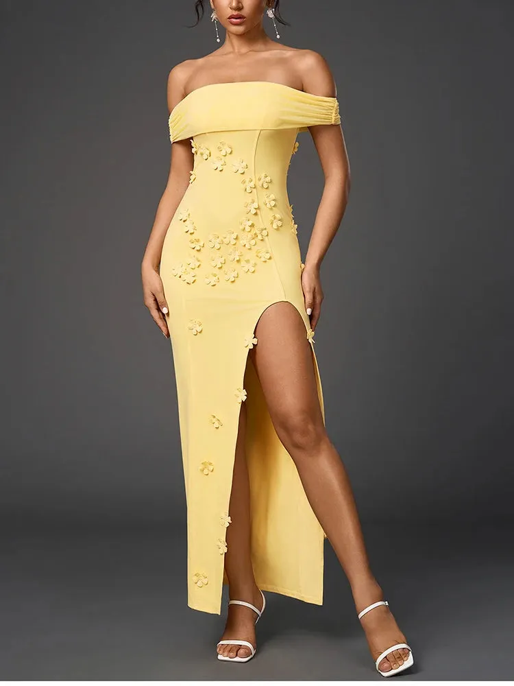 Floral Applique Mesh Off Shoulder Side Slit Dress