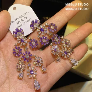 Floral Deco Chandelier Gemstone Crystal Earrings