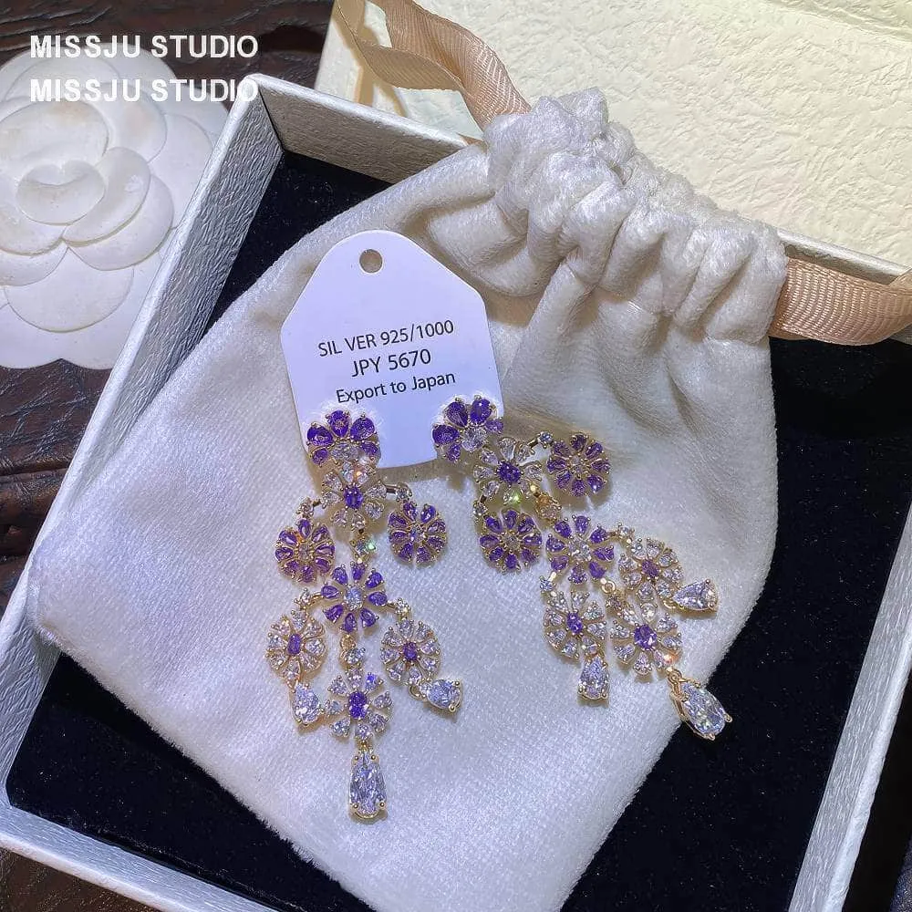 Floral Deco Chandelier Gemstone Crystal Earrings