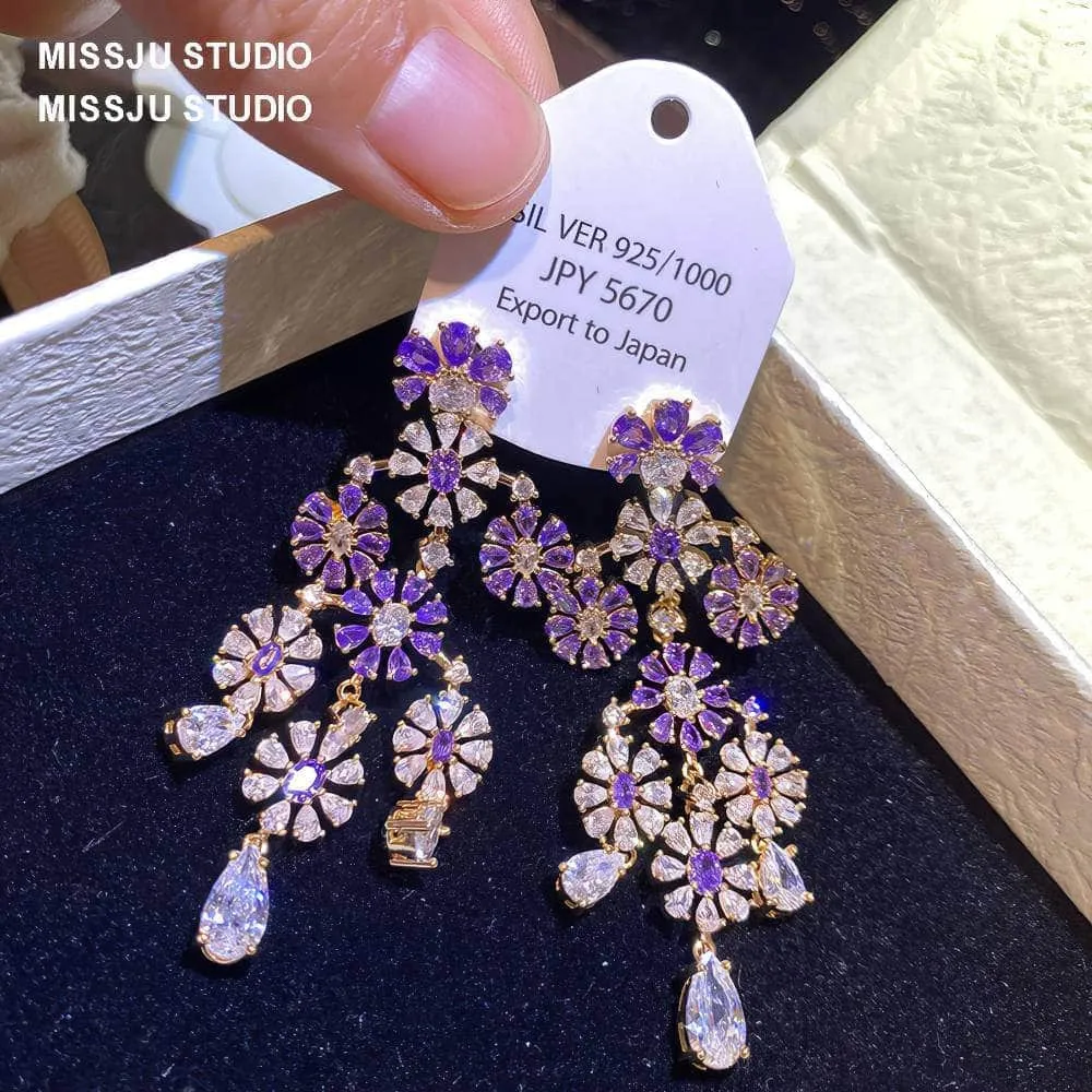 Floral Deco Chandelier Gemstone Crystal Earrings