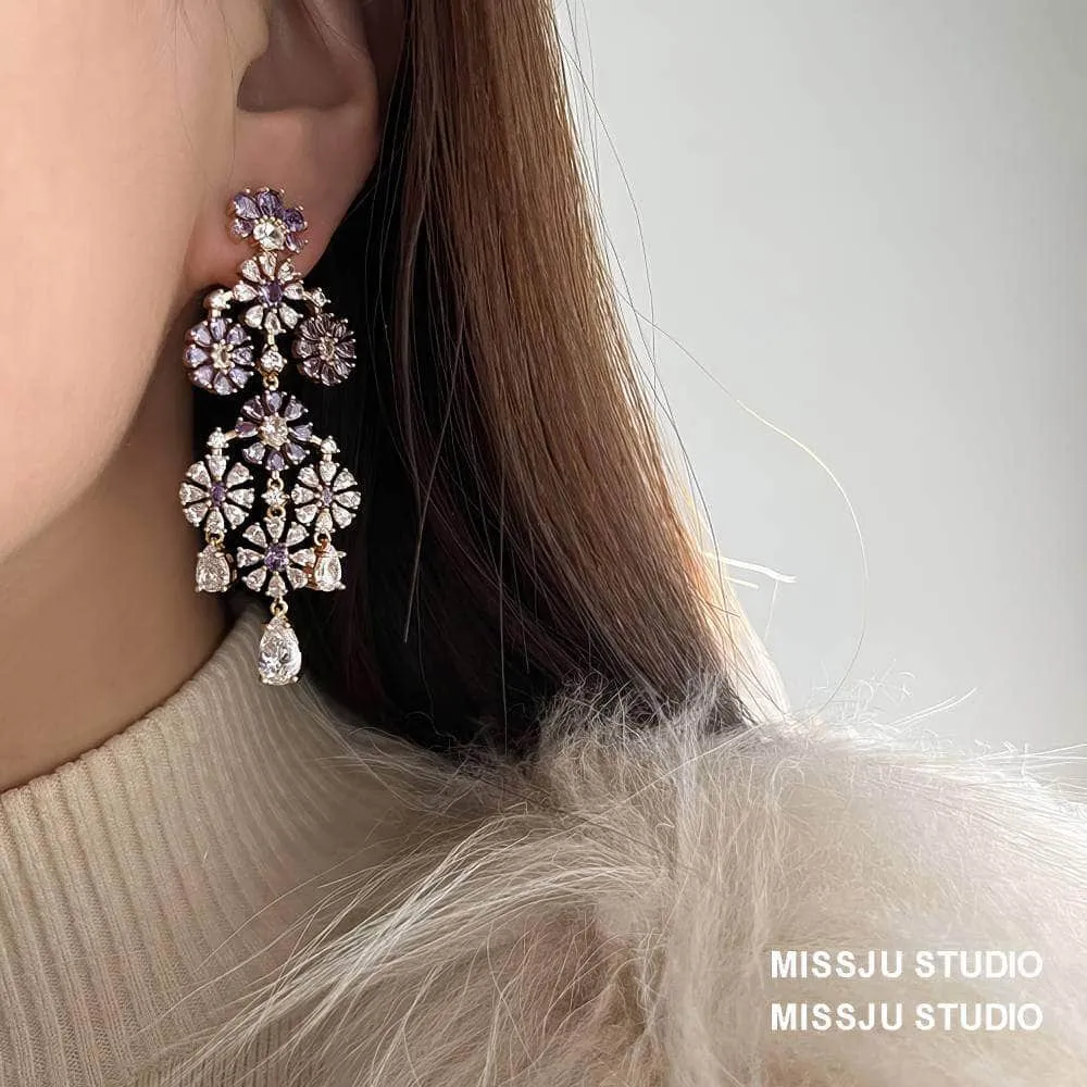 Floral Deco Chandelier Gemstone Crystal Earrings