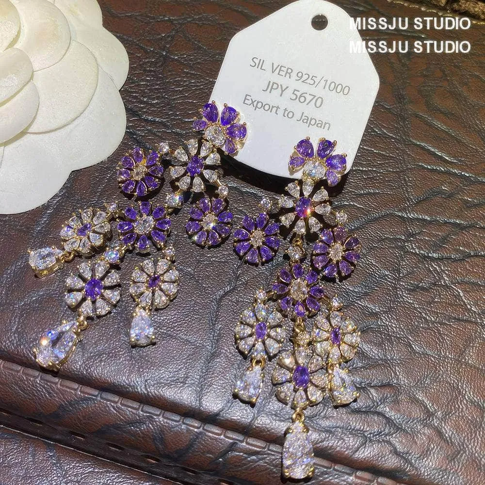 Floral Deco Chandelier Gemstone Crystal Earrings