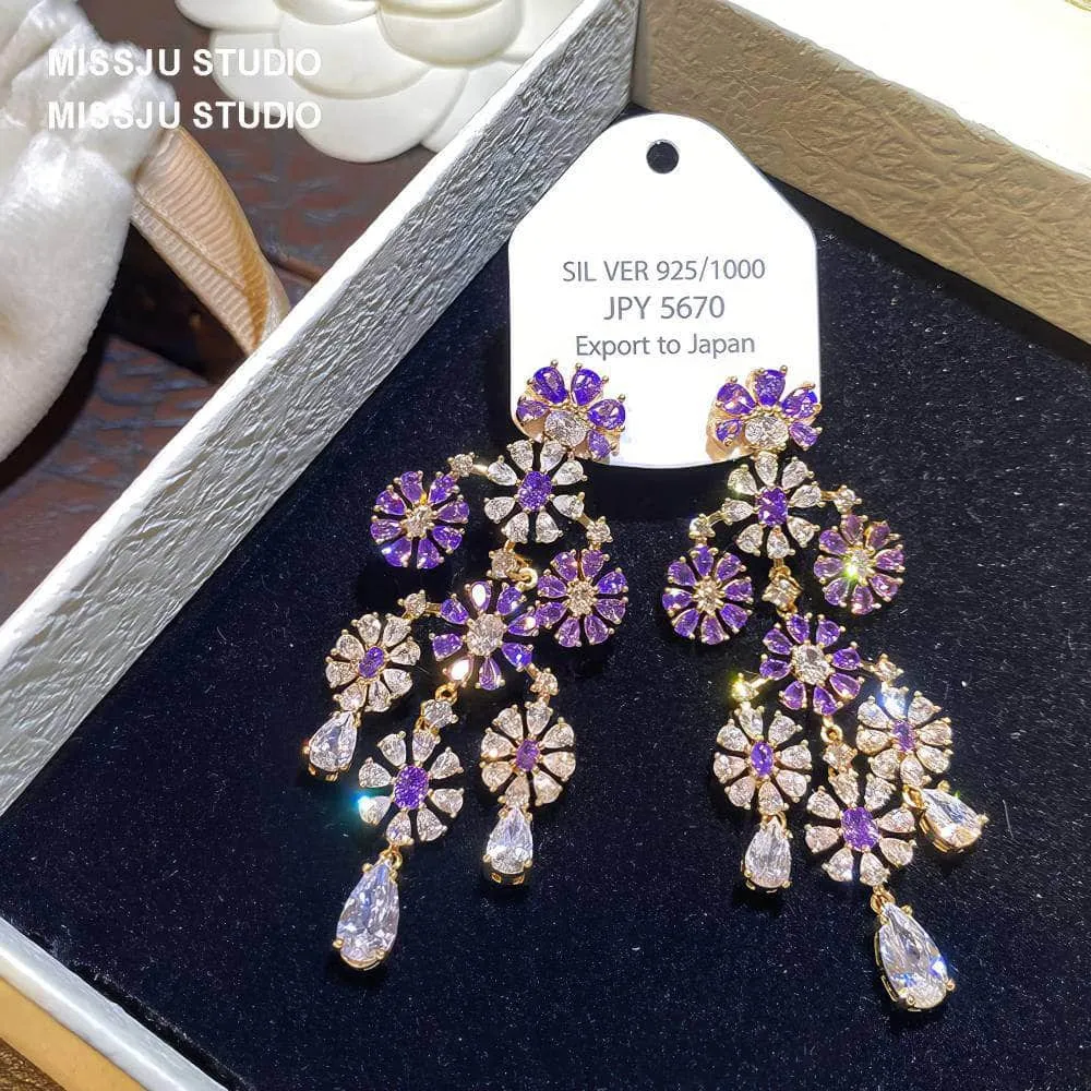 Floral Deco Chandelier Gemstone Crystal Earrings