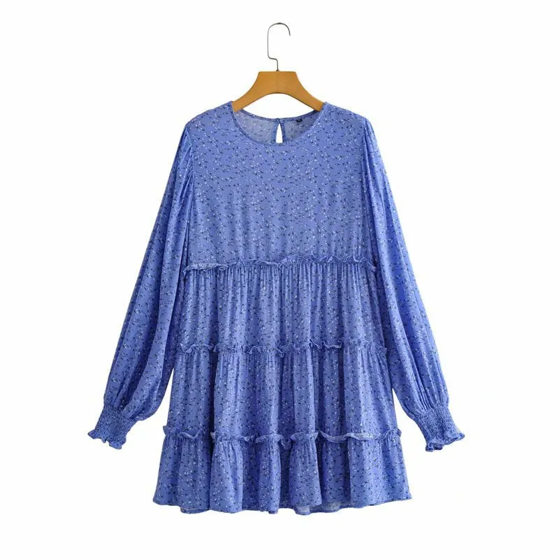 Floral Ruffled Shirred Frill Elastic Sleeve Vacation Mini Dresses