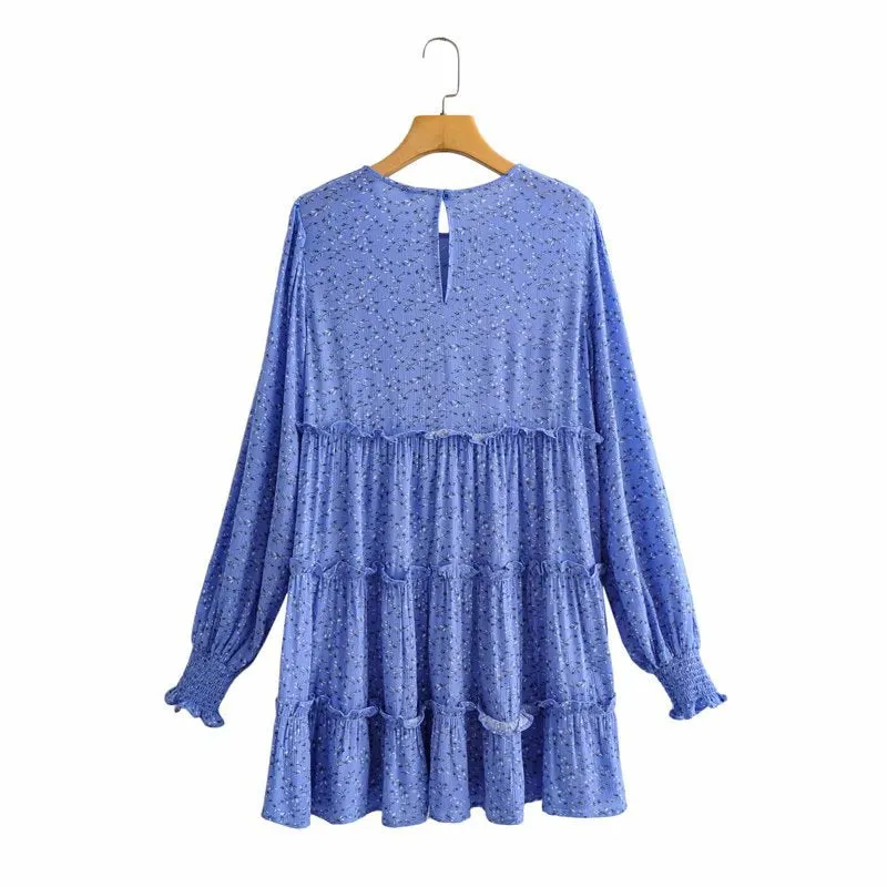 Floral Ruffled Shirred Frill Elastic Sleeve Vacation Mini Dresses