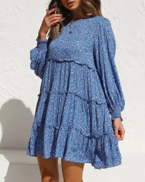 Floral Ruffled Shirred Frill Elastic Sleeve Vacation Mini Dresses